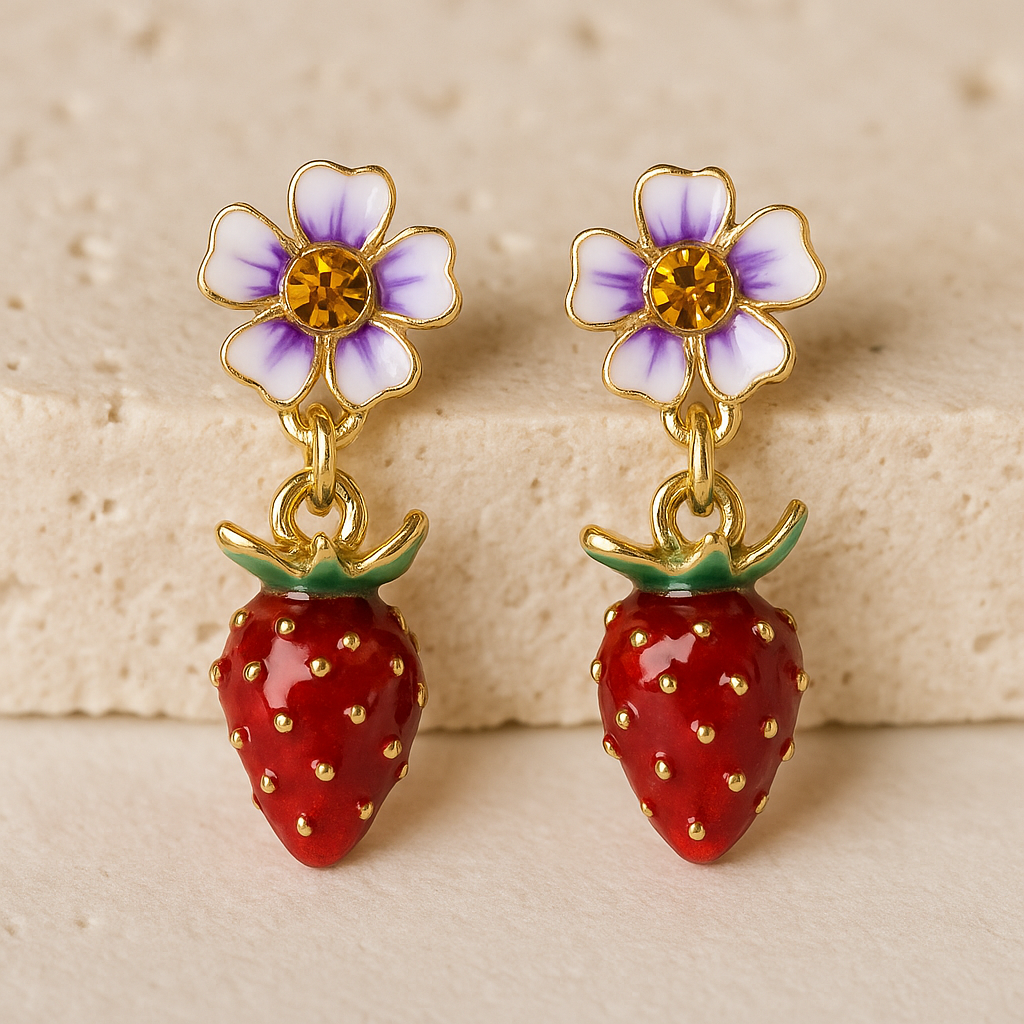Blossom Strawberry Drop Earrings on a beige background