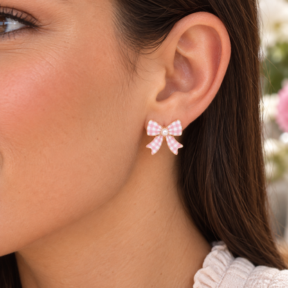 Pink Gingham Bow Earrings