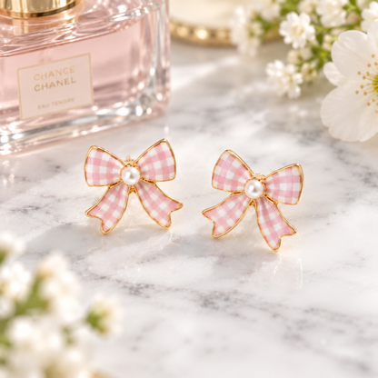 Pink Gingham Bow Earrings