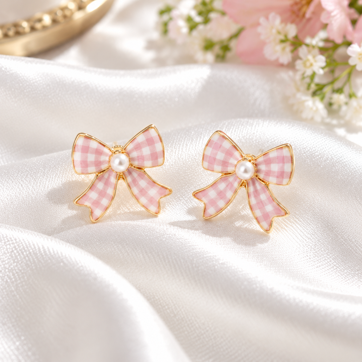 Pink Gingham Bow Earrings