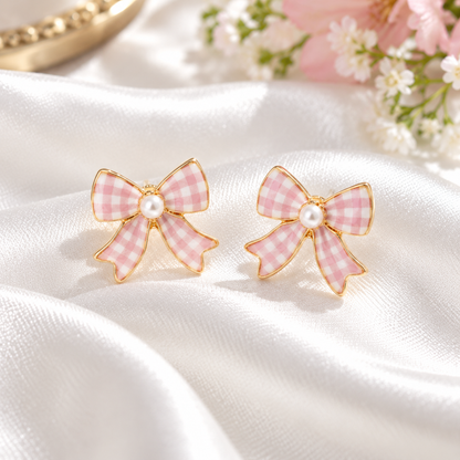 Pink Gingham Bow Earrings