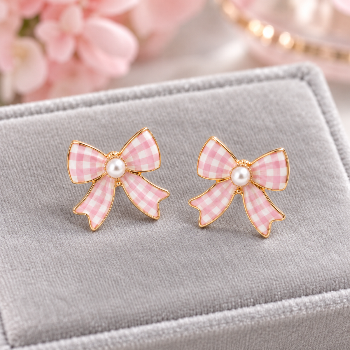 Pink Gingham Bow Earrings