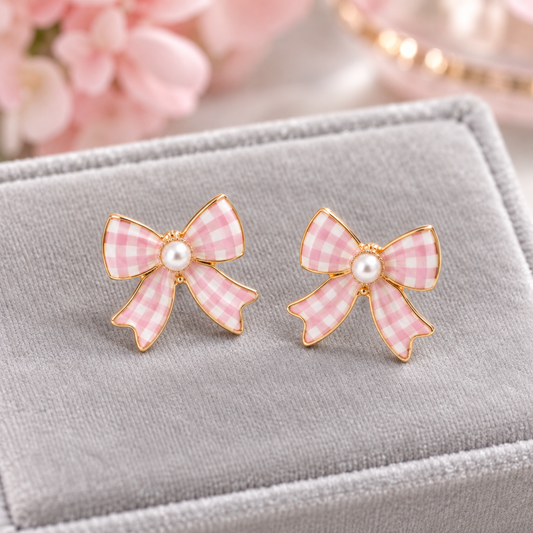 Pink Gingham Bow Earrings