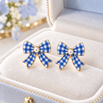 Blue Gingham Bow Earrings
