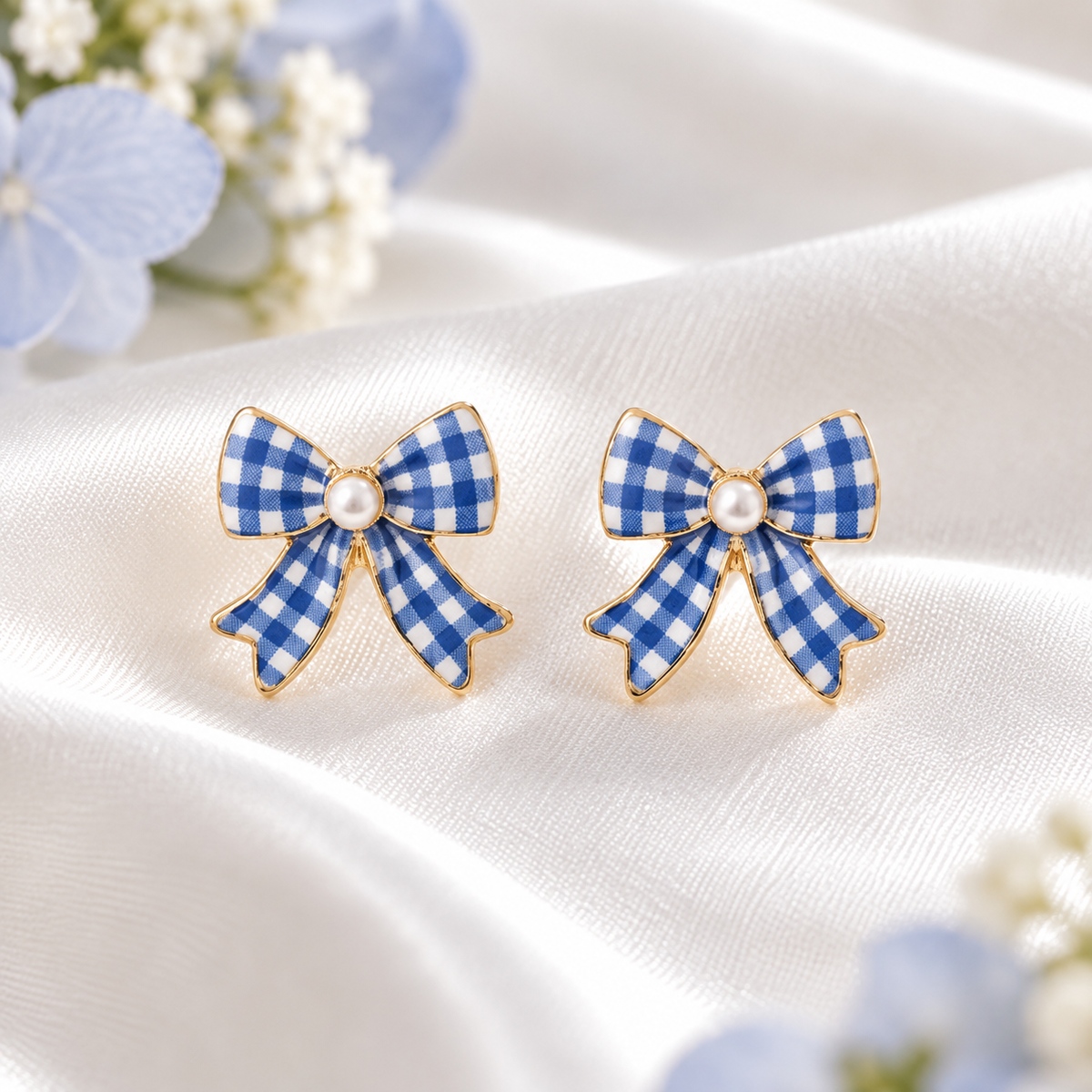 Blue Gingham Bow Earrings