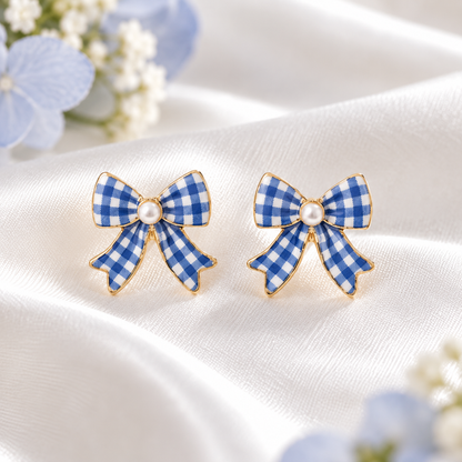 Blue Gingham Bow Earrings