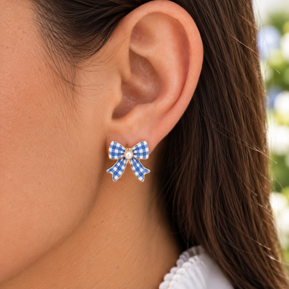 Blue Gingham Bow Earrings