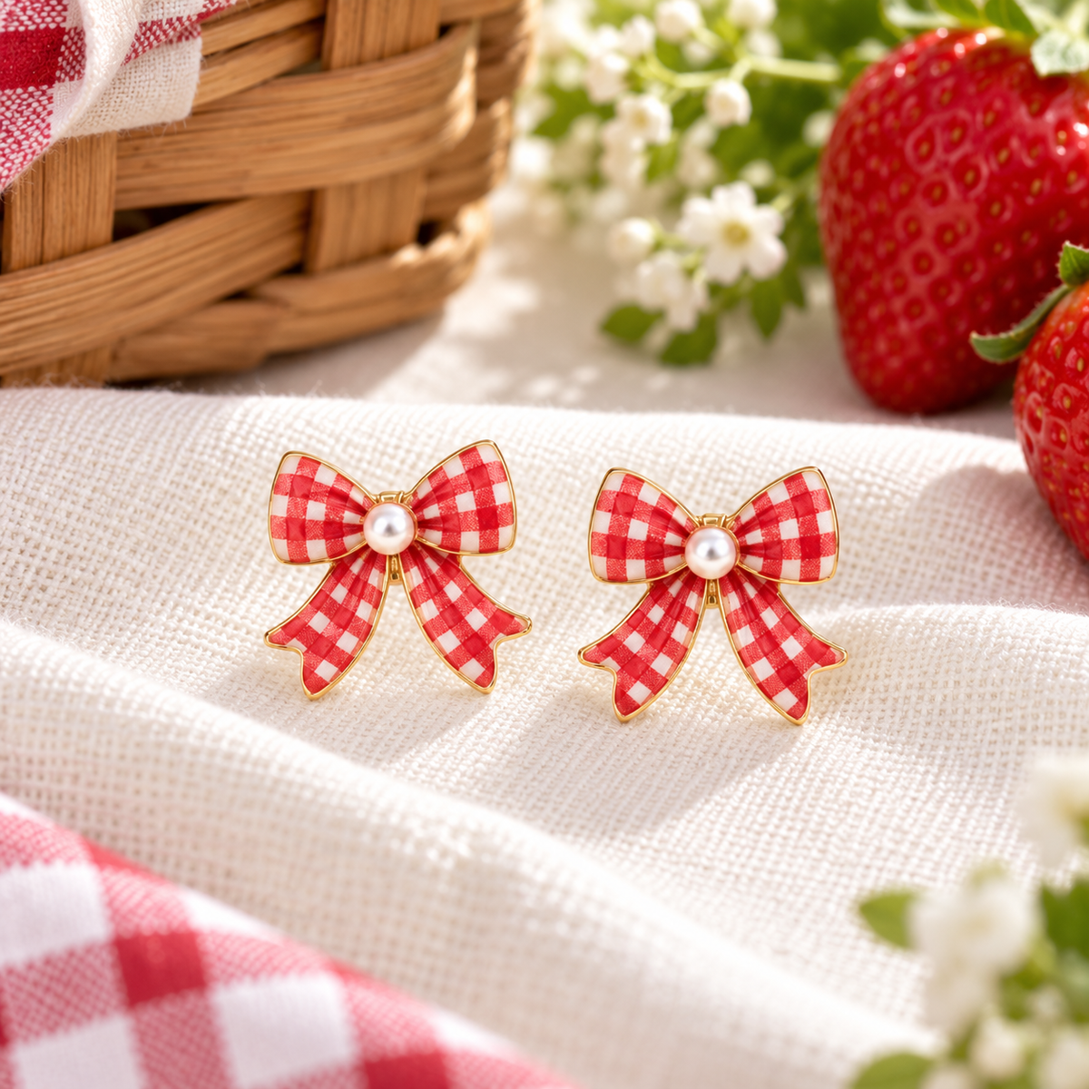 Red Gingham Bow Earrings