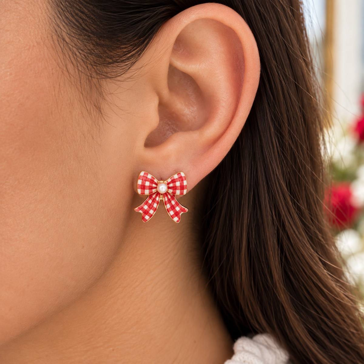 Red Gingham Bow Earrings