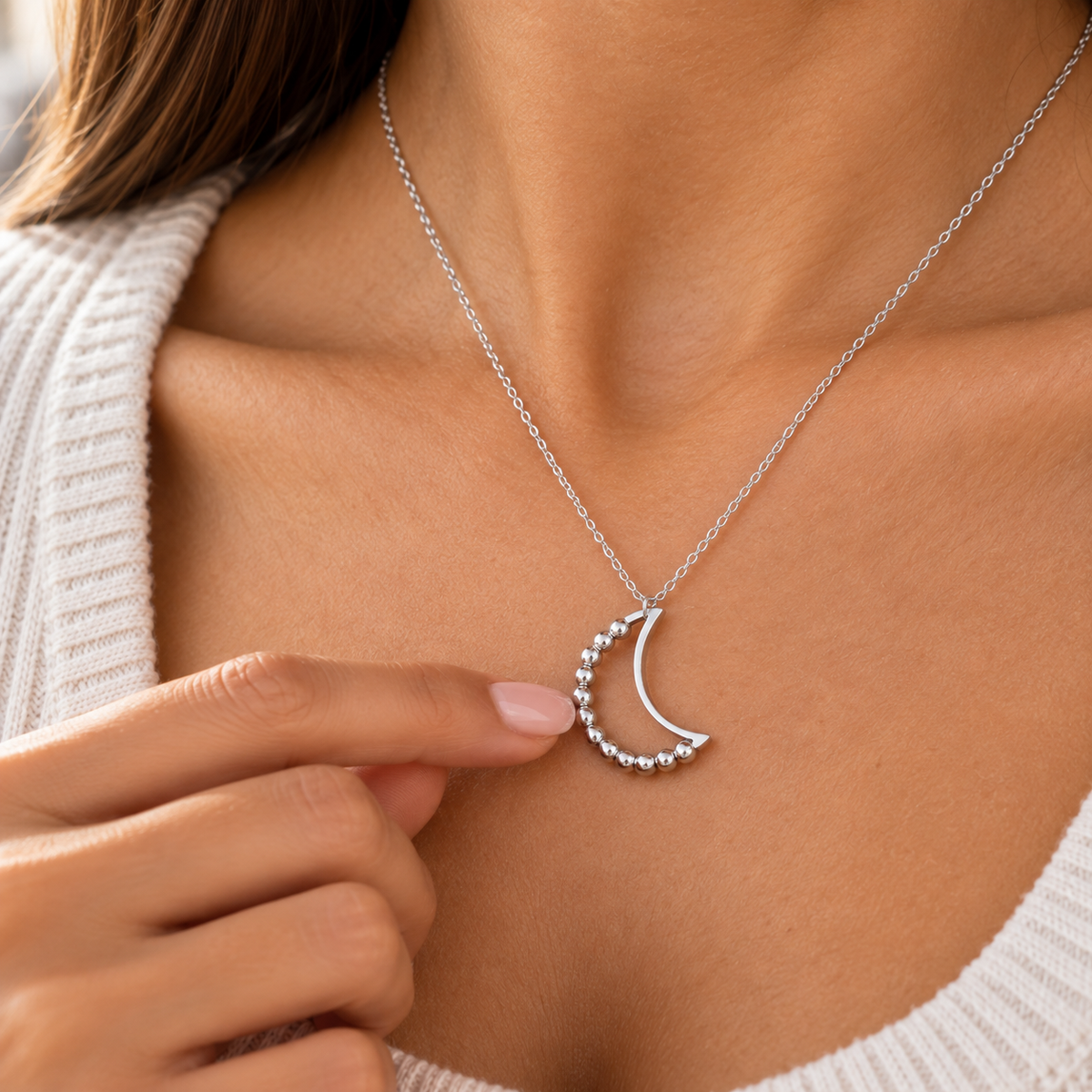 Silver Beaded Crescent Moon Spinner Necklace