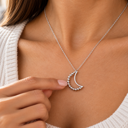 Silver Beaded Crescent Moon Spinner Necklace