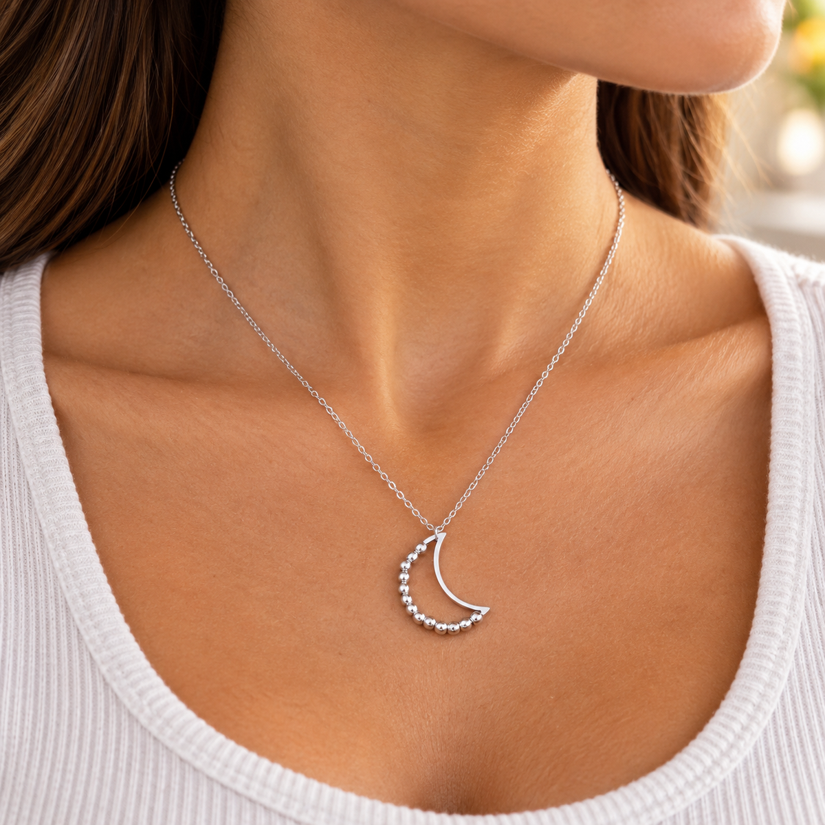 Silver Beaded Crescent Moon Spinner Necklace