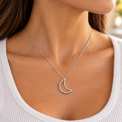 Silver Beaded Crescent Moon Spinner Necklace
