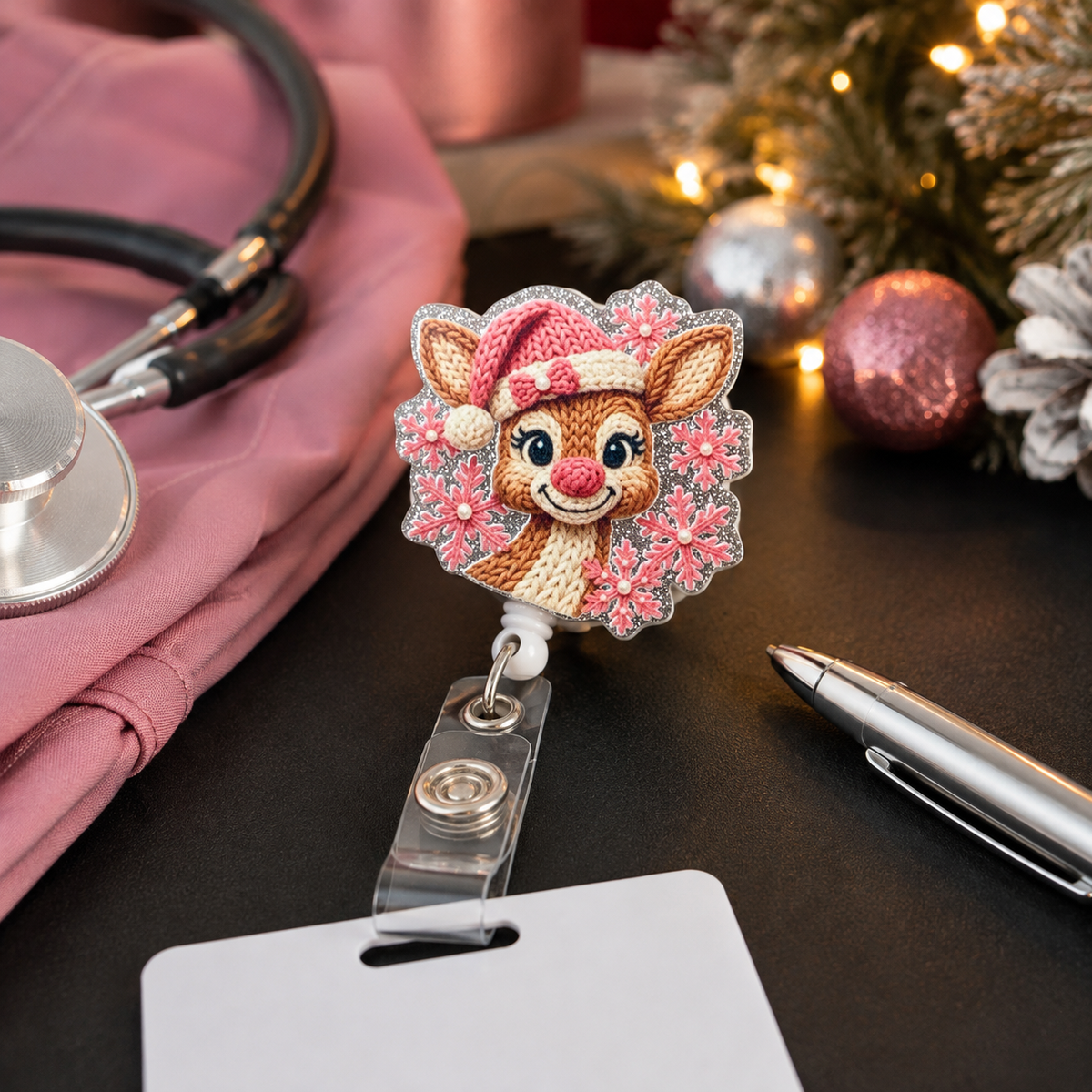 Pink Reindeer Christmas Badge Reel