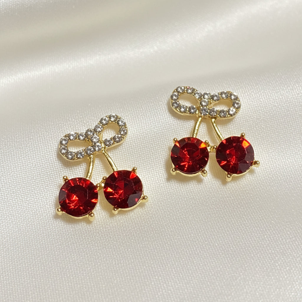 Cherry Bow Pavé Earrings on white