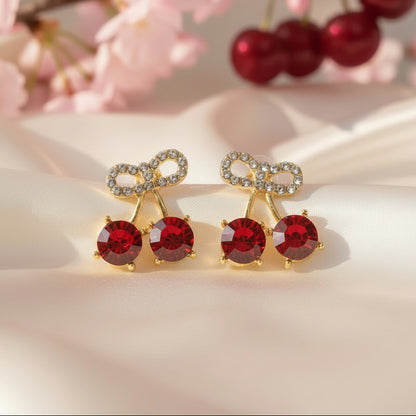 Cherry Bow Pavé Earrings on white with cherries
