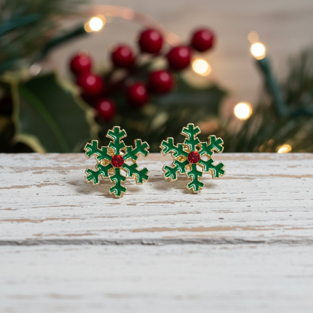 Christmas Snowflake Earrings on white barnwood