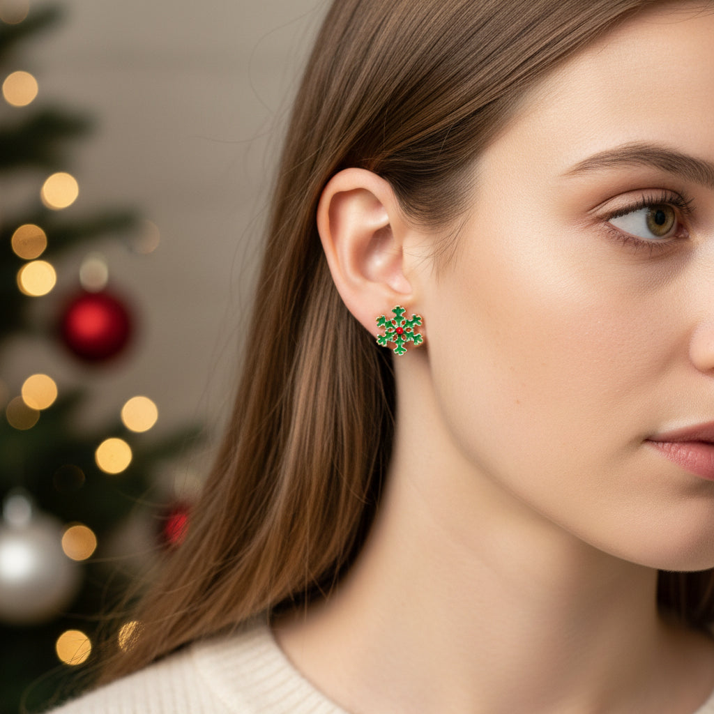 Woman wearing Christmas Snowflake Earrings