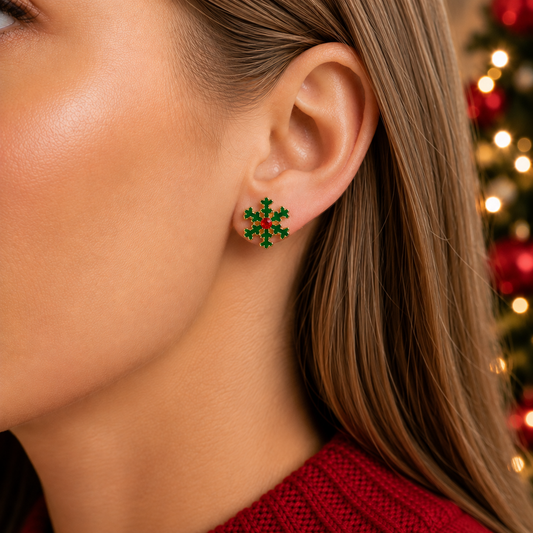 Woman wearing Christmas Snowflake Earrings with red sweater