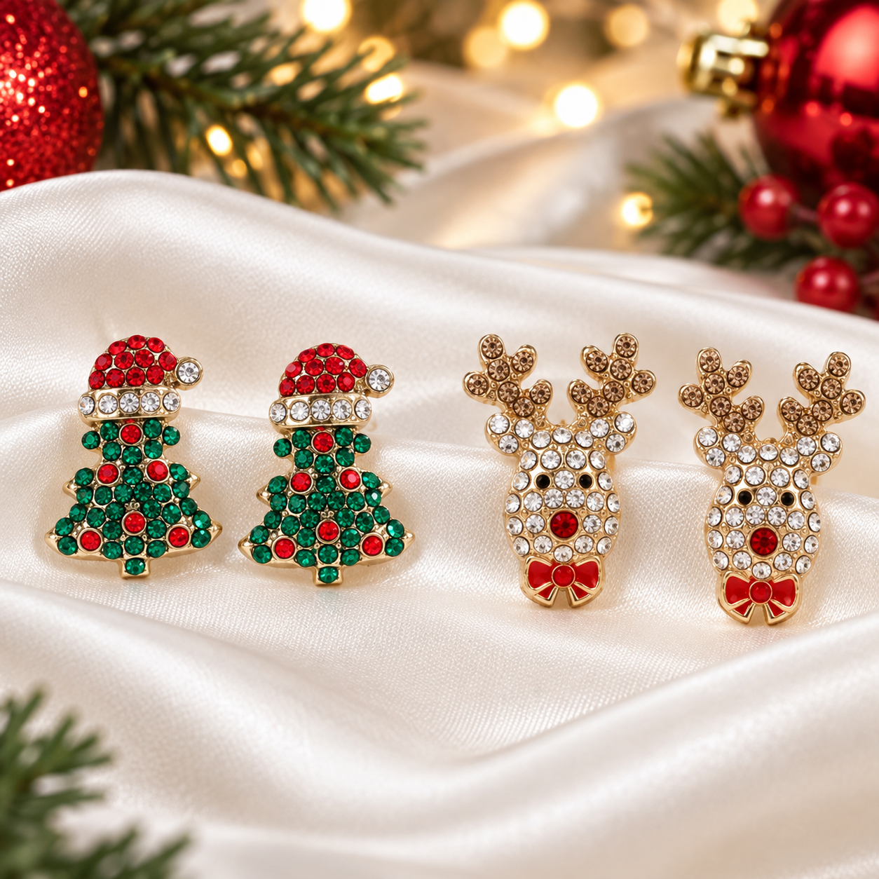 Christmas Tree & Reindeer Pavé Earrings Bundle on white satin fabric, including two green Christmas trees with red and gold details and two gold reindeer heads with red noses and bows. Festive holiday decorations and warm bokeh lights are visible in the background.