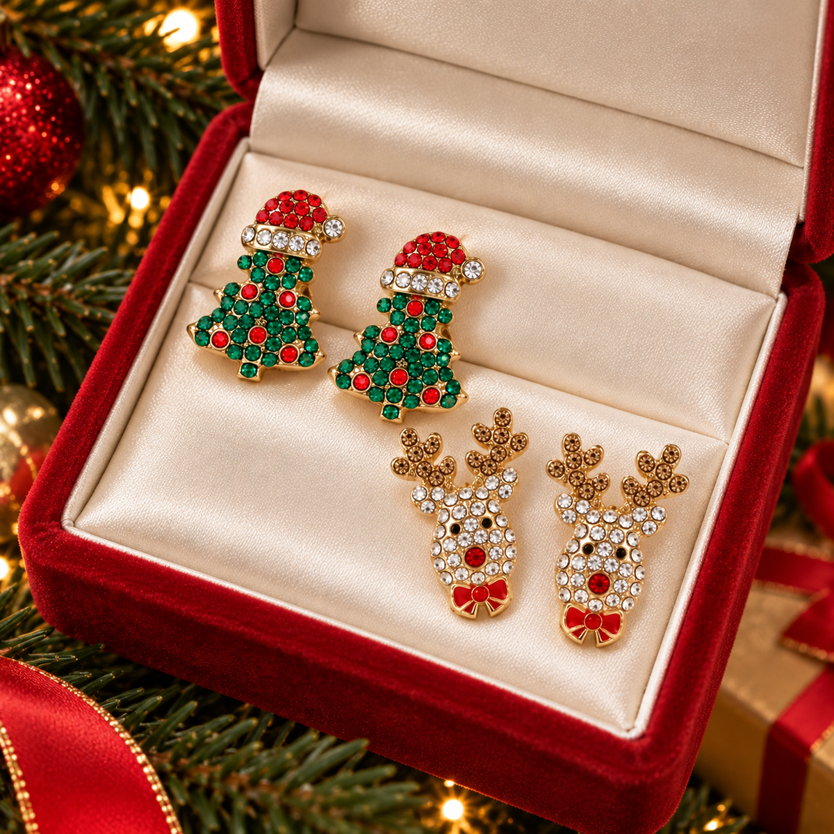 Christmas Tree & Reindeer Pavé Earrings Bundle on jewelry box