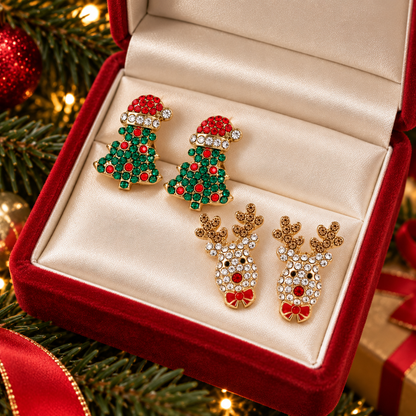 Christmas Tree & Reindeer Pavé Earrings Bundle on jewelry box