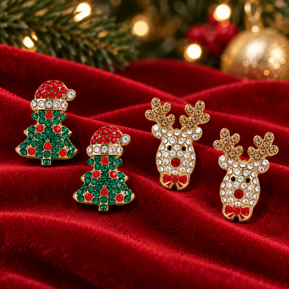 Christmas Tree & Reindeer Pavé Earrings Bundle on red velvet