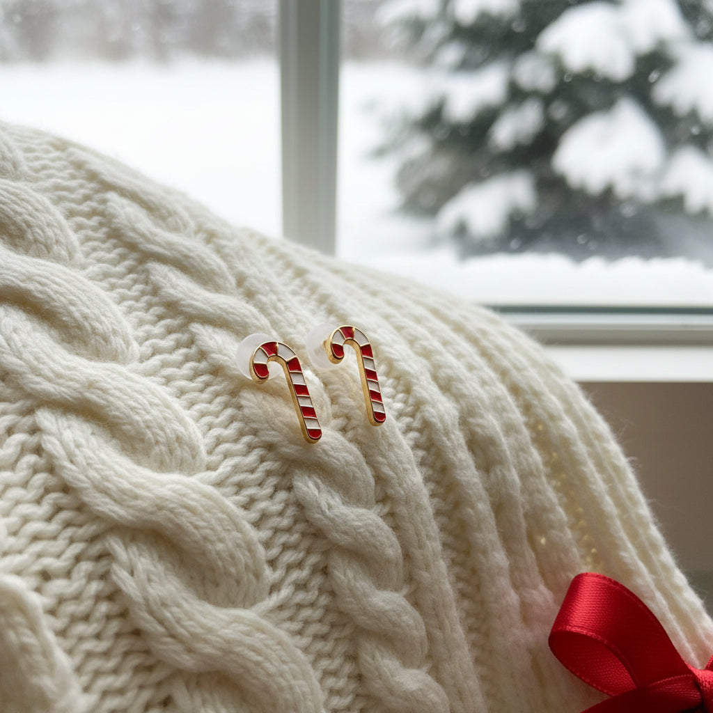 Classic Striped Candy Cane Earrings on white blanket