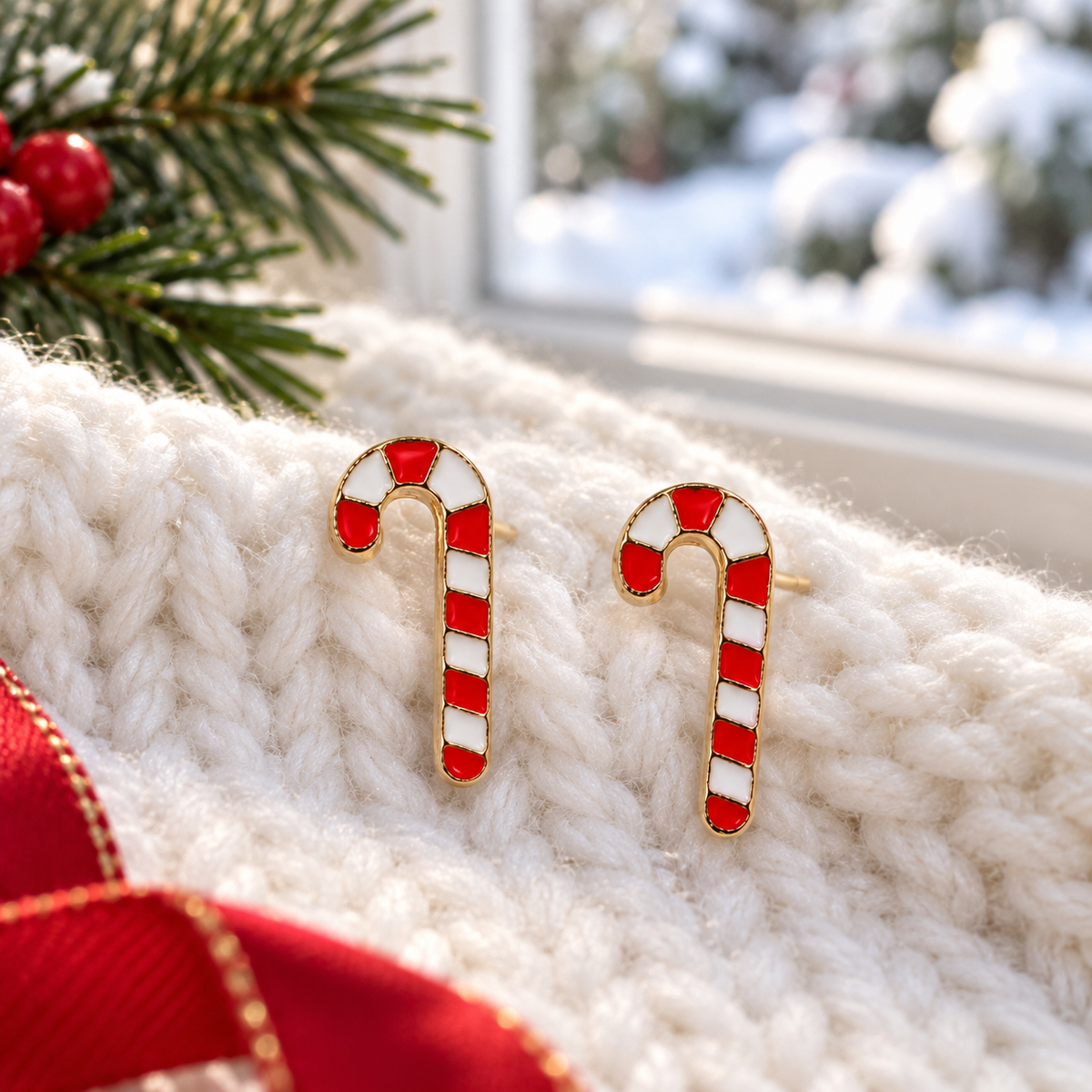 A pair of Classic Striped Candy Cane Earrings with red and white striped enamel, resting on a white chunky knit blanket with a red ribbon, evergreen branches, and a snowy window in the background.
