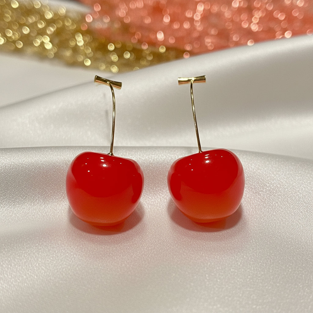Coral Cherry Drop Earrings on a reflective surface with a glittery background