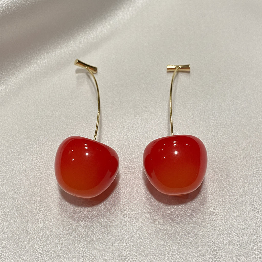 Coral Cherry Drop Earrings on a light gray background