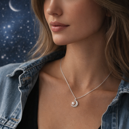 Woman wearing a silver Crescent Moon Pearl Necklace against a night sky background