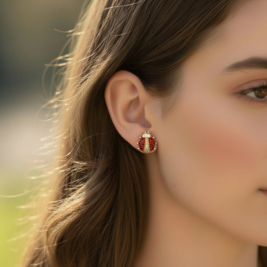 Close-up of a woman wearing a Crystal Accent Ladybug Earring outdoors