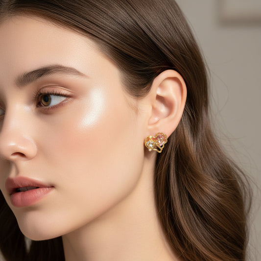 Woman wearing Crystal Bow Heart Earrings