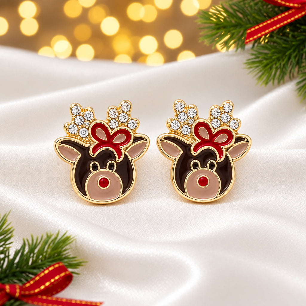 Crystal Reindeer Bow Earrings closeup