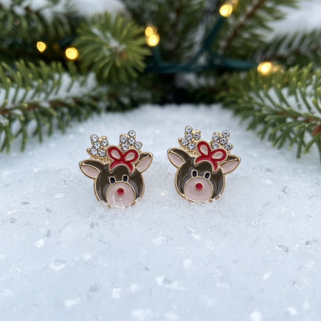 Crystal Reindeer Bow Earrings on snow