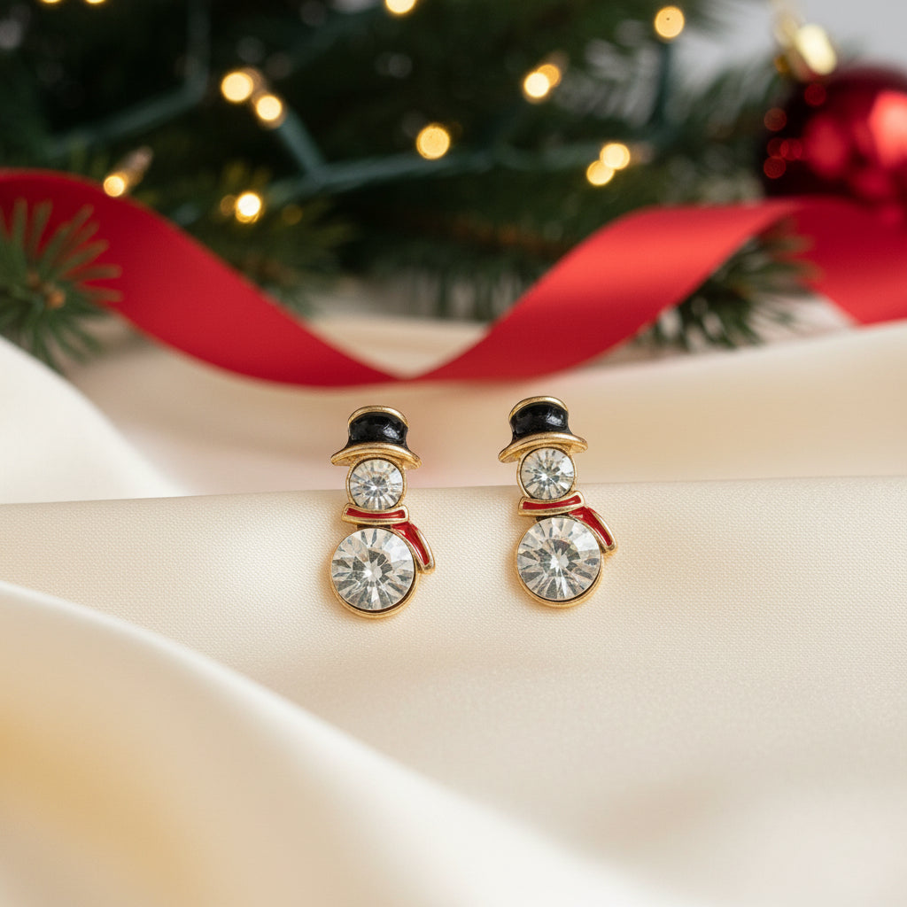Crystal Snowman Earrings on white with red ribbon