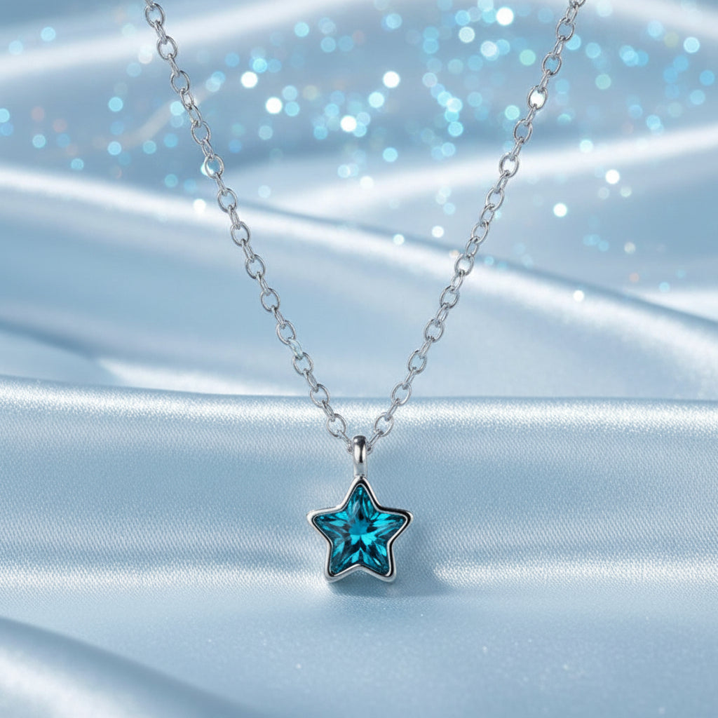 Dainty Silver Blue Star Necklace with a blue star-shaped pendant on a chain.