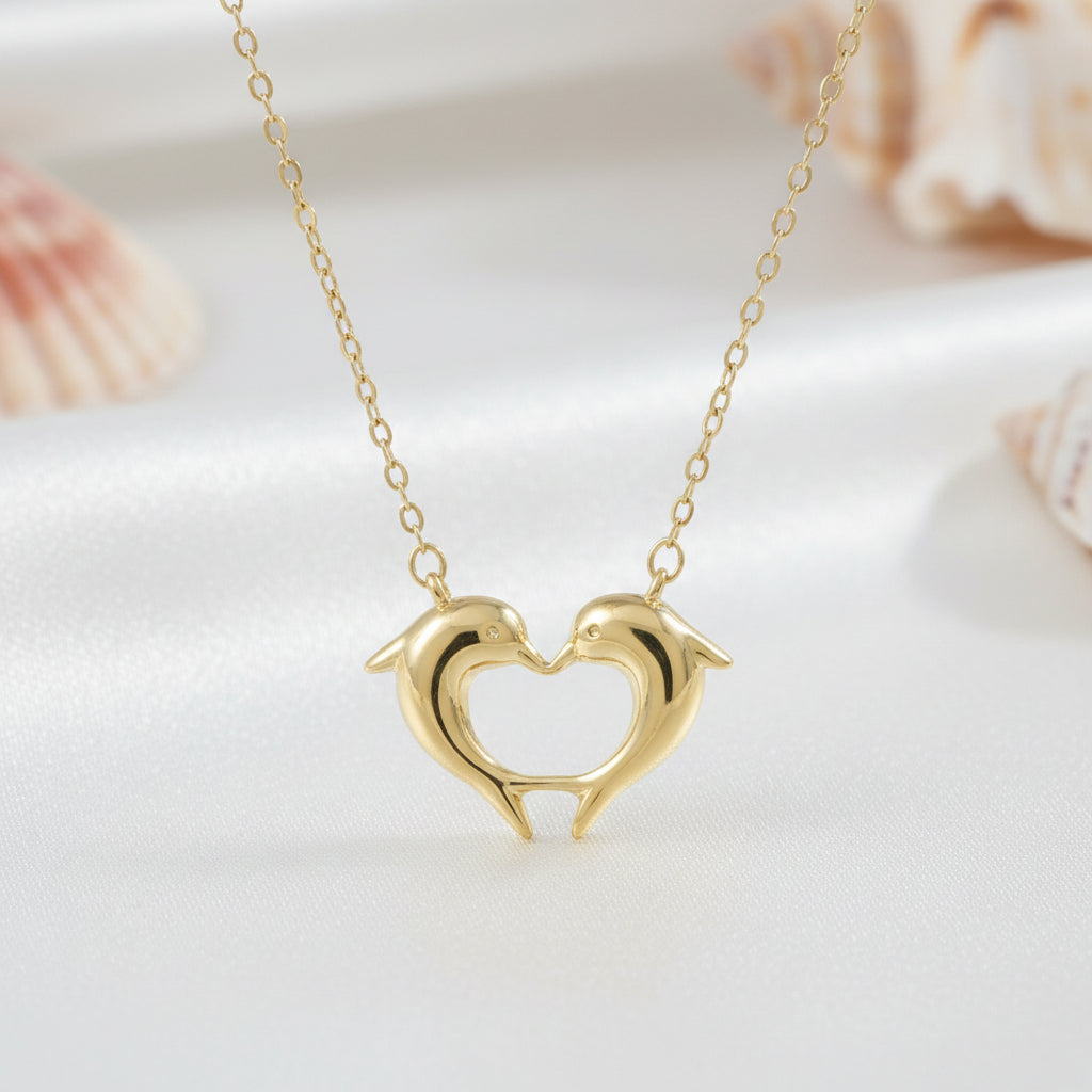 Gold Dolphin Heart Necklace with dolphin heart pendant on a light background
