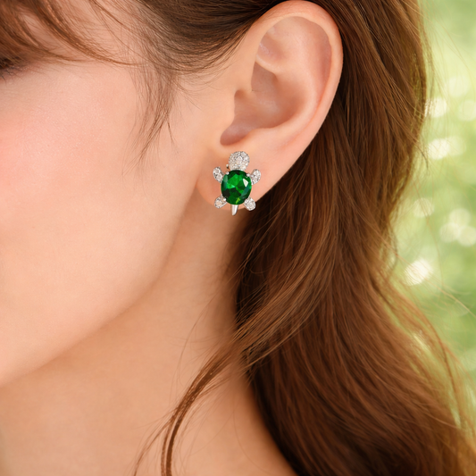 Woman wearing Emerald Green Crystal Turtle Earrings