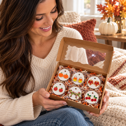 A woman in a cream knit sweater holds an open kraft gift box containing the Fall Fun 6-Pair Earring Gift Bundle. The scene is set in a cozy living room with a knit blanket, pillows, and a small pumpkin in the background.