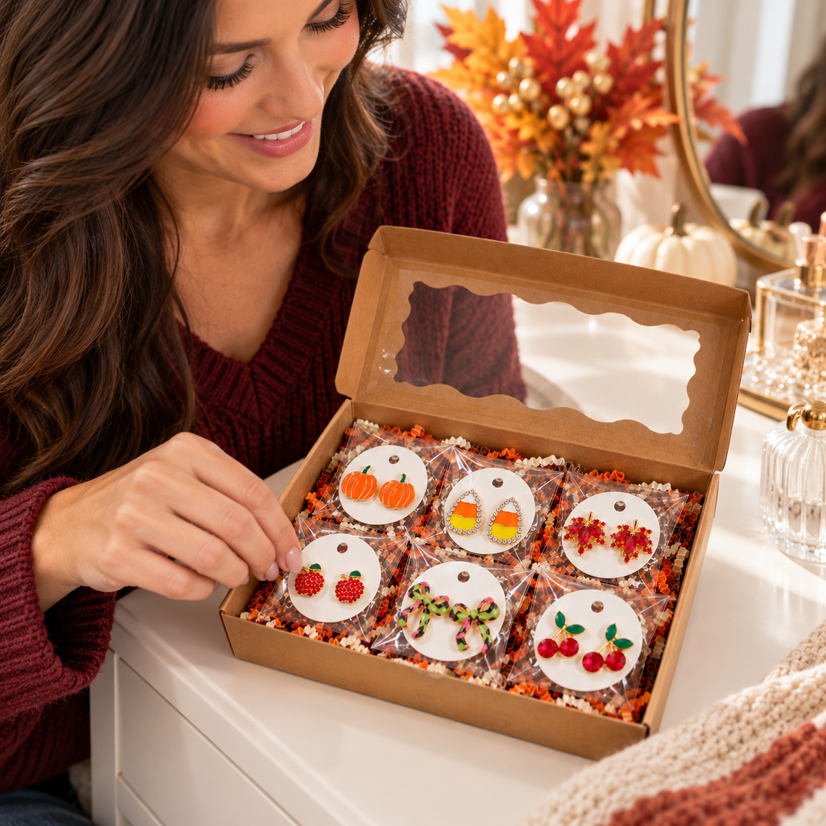 A woman in a burgundy sweater smiles while opening a brown gift box containing the Fall Fun 6-Pair Earring Gift Bundle