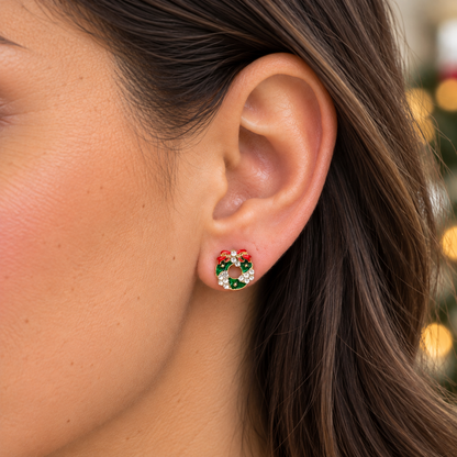 Red Bow Christmas Wreath Earrings