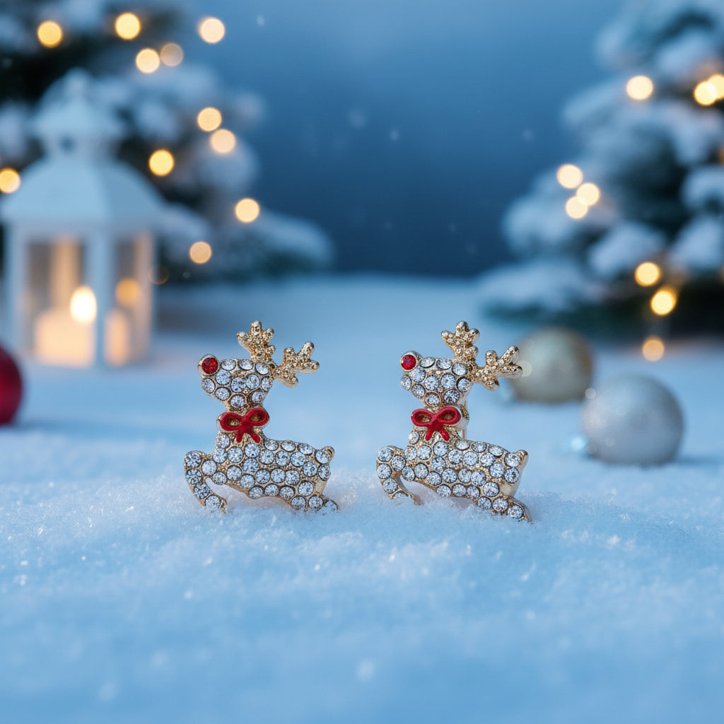 Flying Red-Nosed Reindeer Pavé Earrings on snow at night