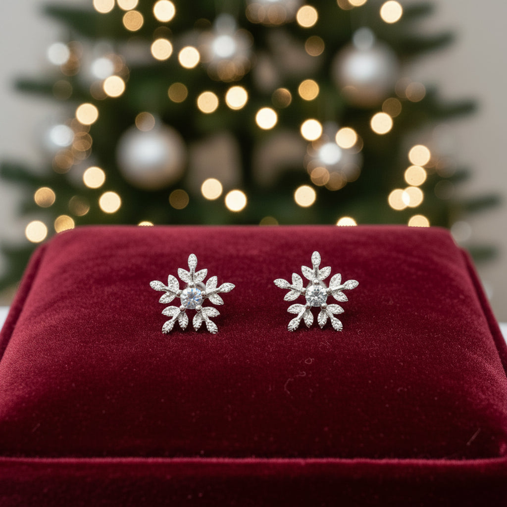 Frosted Crystal Snowflake Earrings on red velvet in front of Christmas tree