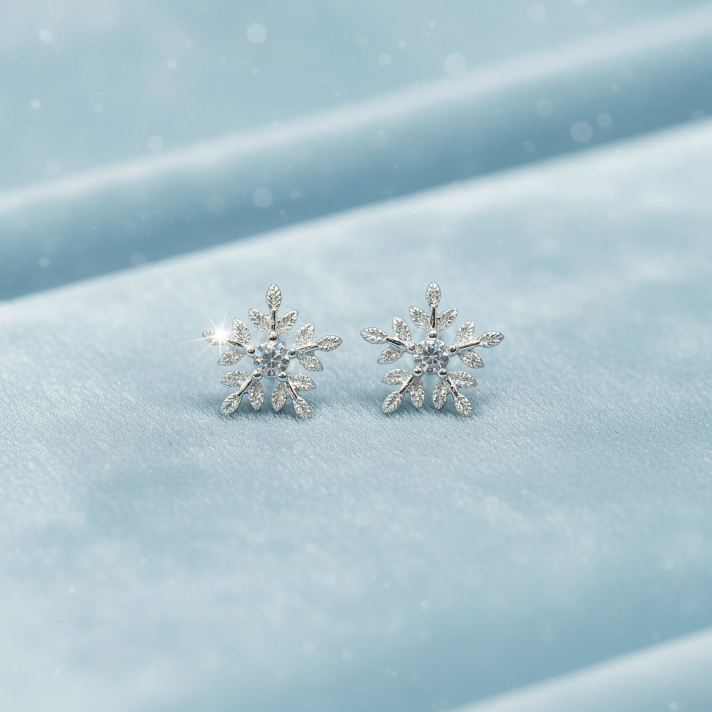 Frosted Crystal Snowflake Earrings on light blue velvet