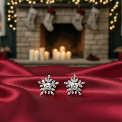 Frosted Crystal Snowflake Earrings on red satin in front of fireplace with stockings
