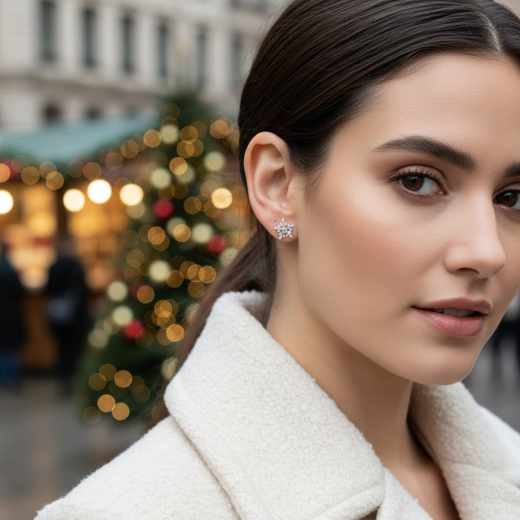 Woman wearing Frosted Crystal Snowflake Earrings