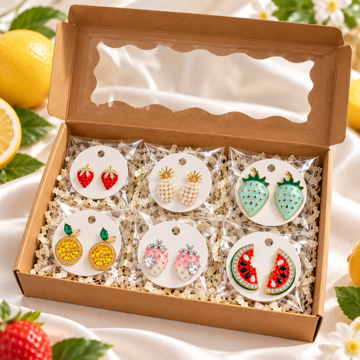 A gift box of Fruit Favorites 6-Pair Earring Gift Bundle displayed in a clear windowed box with shredded paper filler. The earrings include strawberry, pineapple, orange, pink watermelon, and lime designs, styled with fresh strawberries, lemons, and white flowers on a white fabric background.