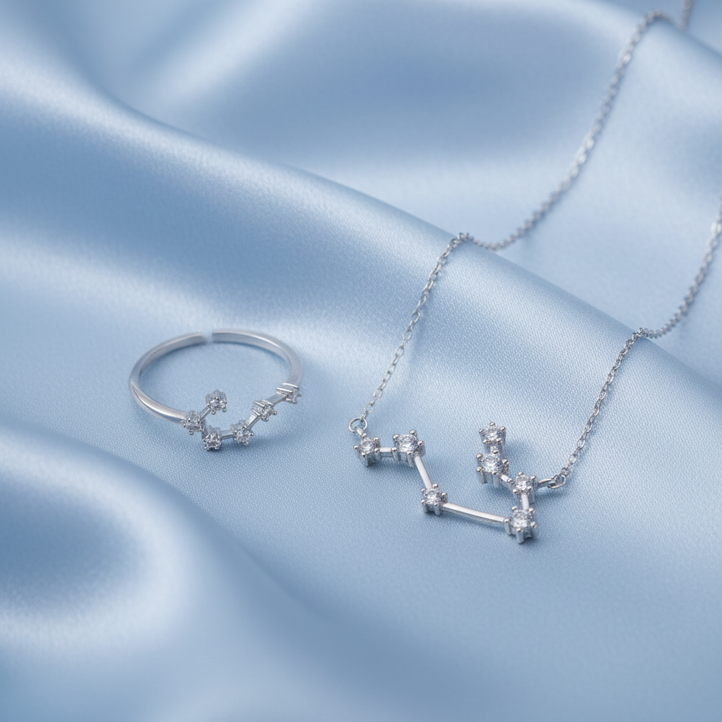 Silver Gemini Zodiac Necklace & Ring Bundle on a light gray background